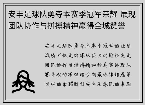 安丰足球队勇夺本赛季冠军荣耀 展现团队协作与拼搏精神赢得全城赞誉